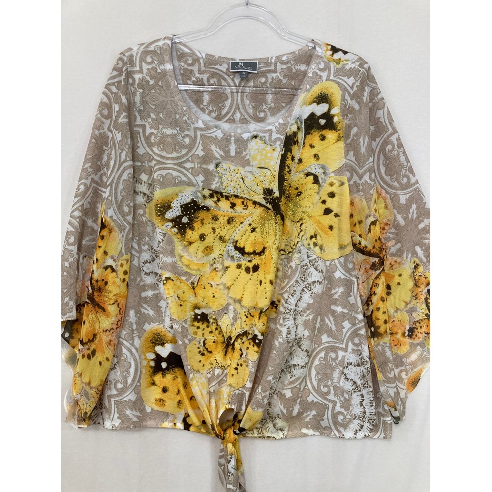 JM Collection Blouse 2X Yellow Butterfly Damask‎ Tie Front Rhinestone Festival
